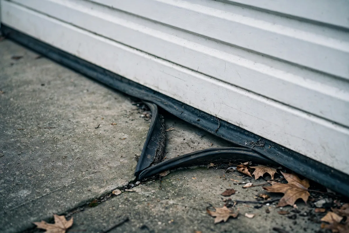 Gap at the bottom corner of a closed garage door where the weather seal lifts off the concrete