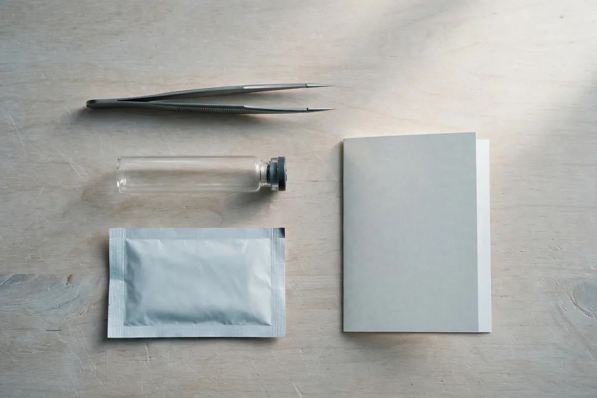 Fine-tipped tweezers, a specimen vial, an alcohol wipe and a card laid out for tick removal