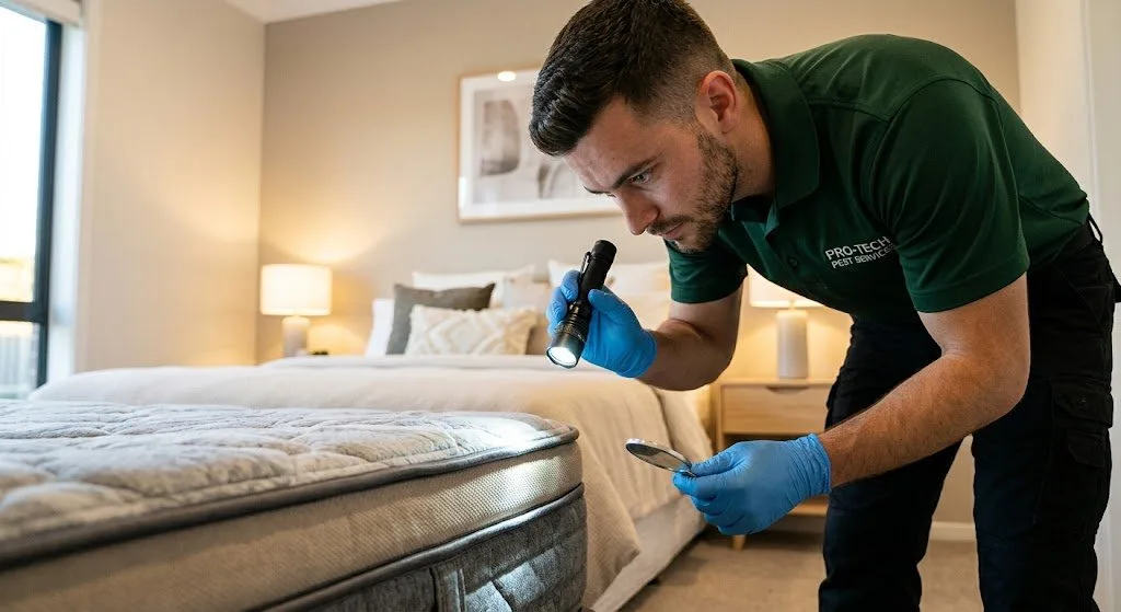 Pest technician inspecting mattress for bed bugs