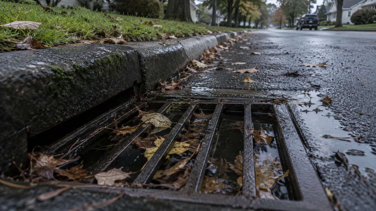 Storm drain catch basin holding stagnant water and wet leaves on a suburban street