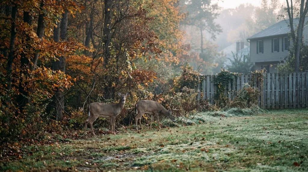 Two white-tailed deer browsing at the edge of a backyard where lawn meets the wood line in autumn