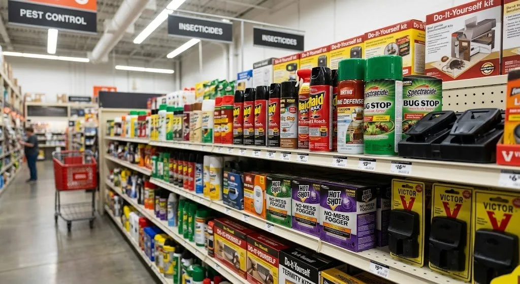 Pest control product aisle at hardware store