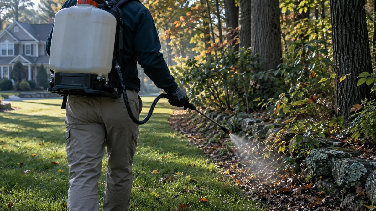 Technician applying a barrier treatment along a wooded tree line in autumn
