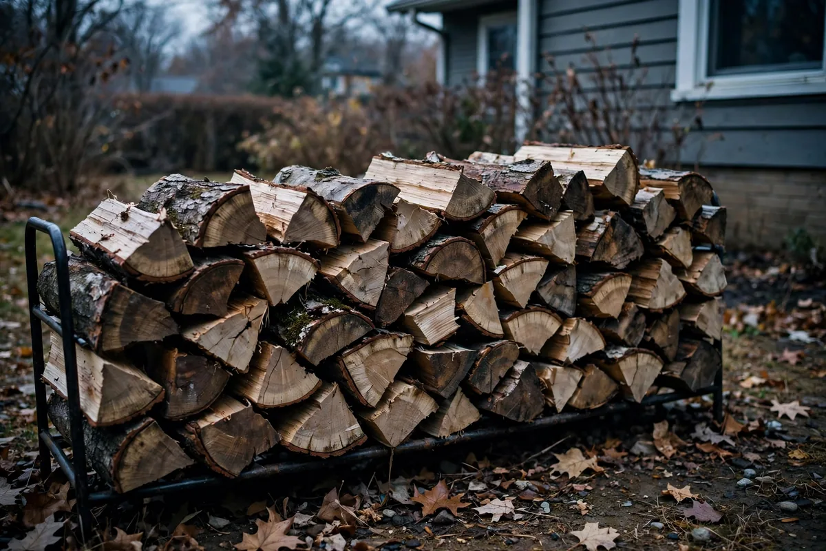 Split firewood stacked on a metal rack off the ground beside a house in late autumn