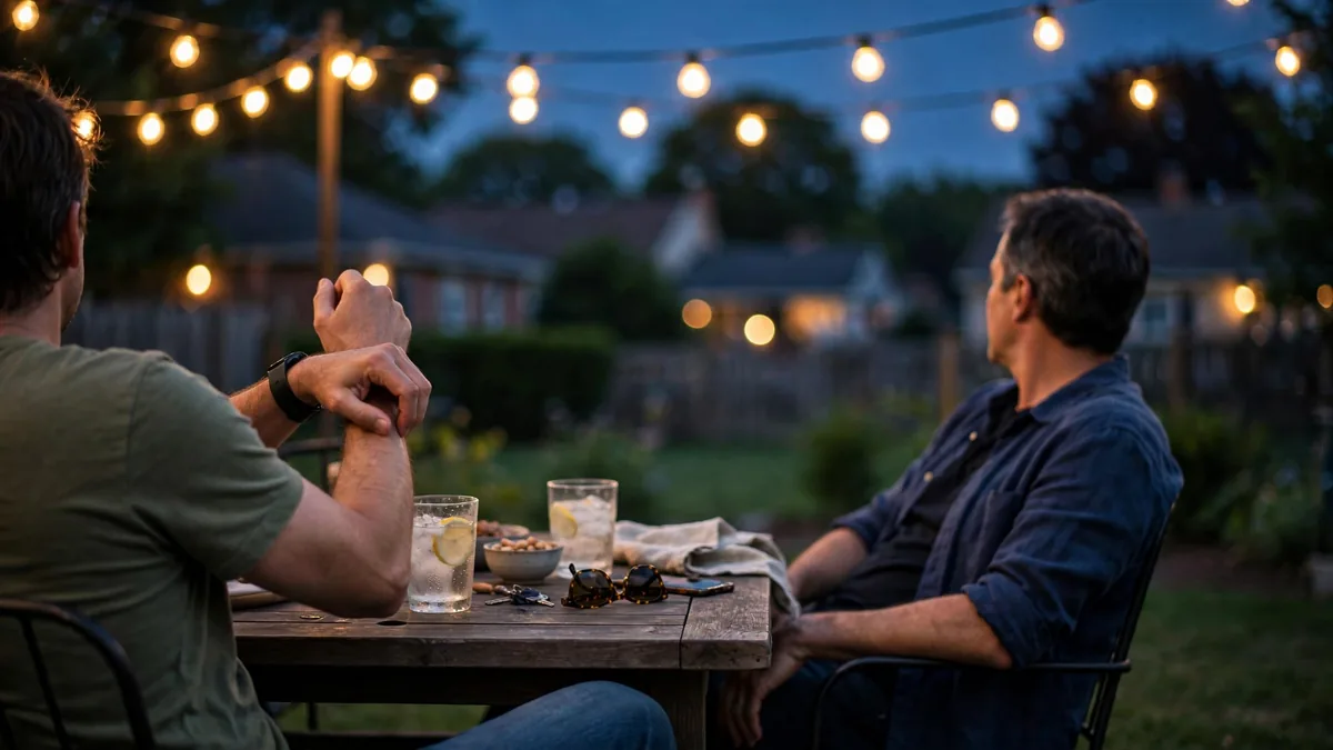 Two people at a backyard table at dusk, one scratching a mosquito bite on the arm
