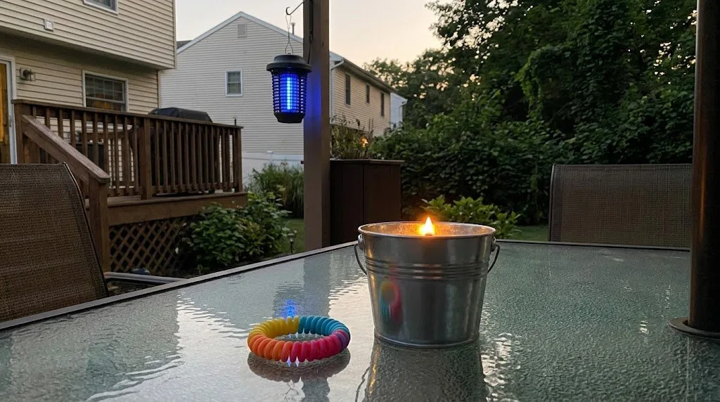 Citronella candle, mosquito bracelet, and bug zapper on patio