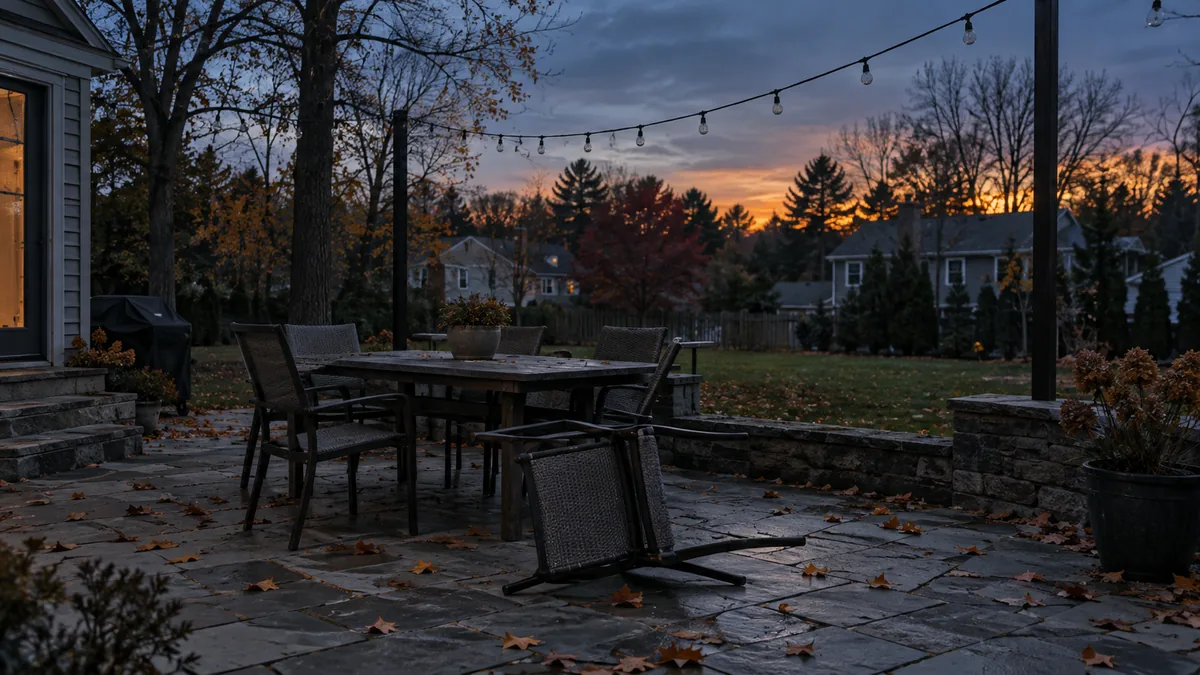 Empty backyard patio at dusk in late autumn with fallen leaves