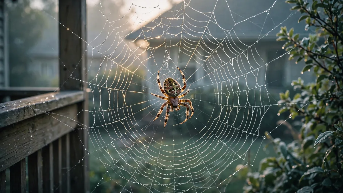 Orb weaver spider at the center of a dew-covered web beside a porch railing at dawn