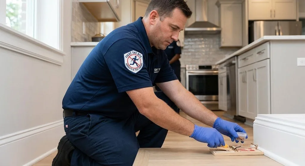 Pest control technician setting rodent trap in kitchen