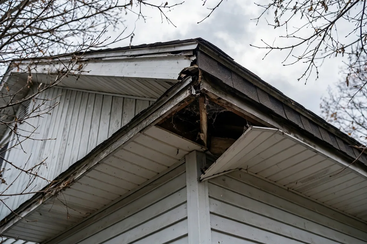 Gap at the corner where the roof meets the soffit on a suburban house, a common attic entry point
