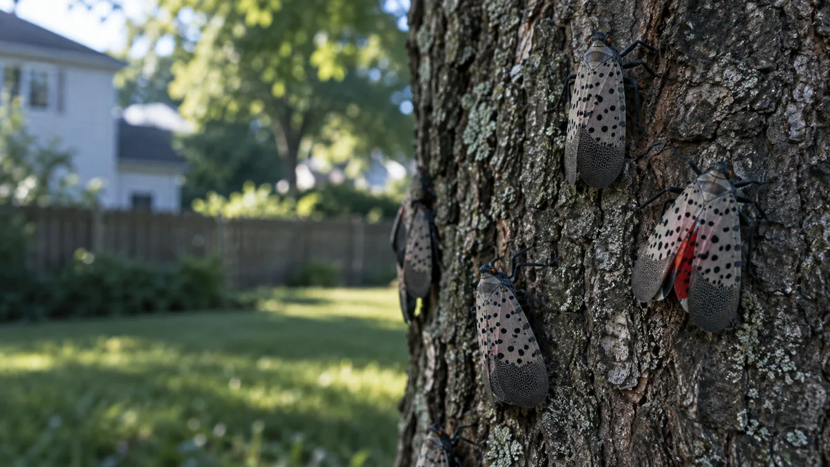 Spotted lanternflies clustered on a tree trunk in a New Jersey backyard