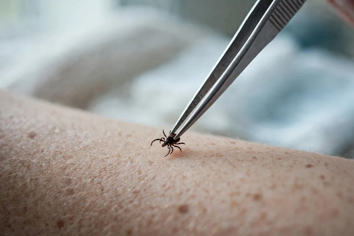 Fine-tipped tweezers gripping an attached tick close to the skin on a forearm