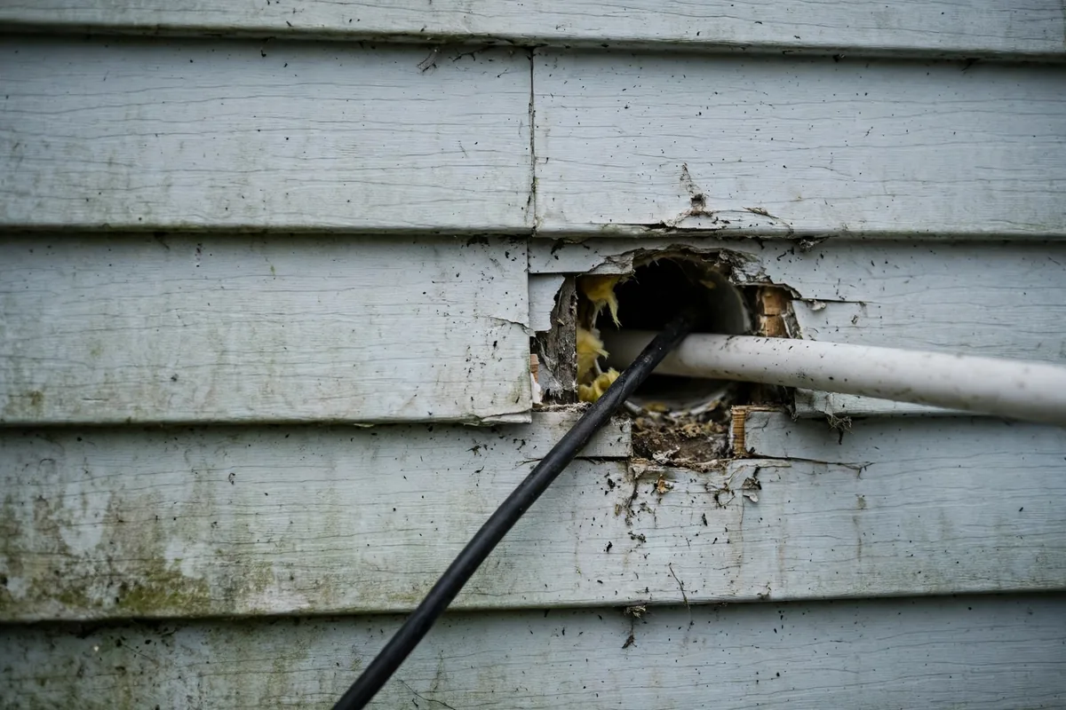 Unsealed gap around a pipe and cable penetration in exterior siding where mice get in