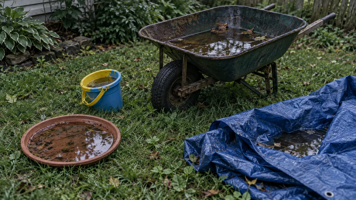 Standing water collected in a wheelbarrow, planter saucer, bucket and tarp in a backyard