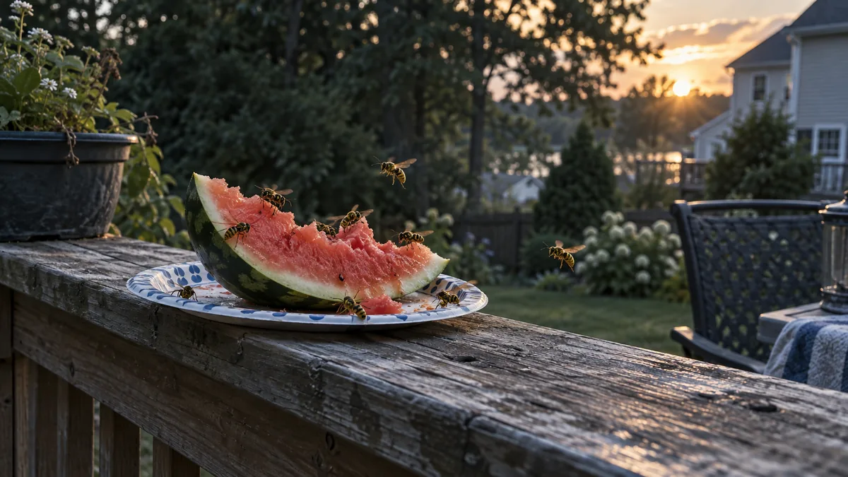 Yellow jackets swarming a slice of watermelon on a deck railing at sunset