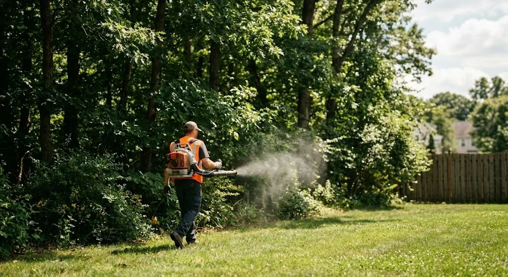 Fight the Bite technician applying a mosquito barrier treatment to a Howell, NJ backyard