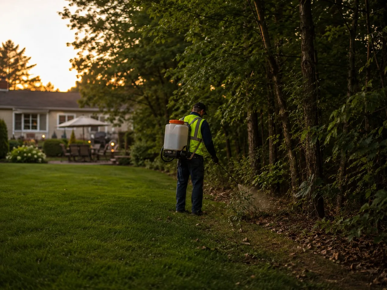 Manalapan, NJ backyard at dusk after a combined mosquito and tick treatment