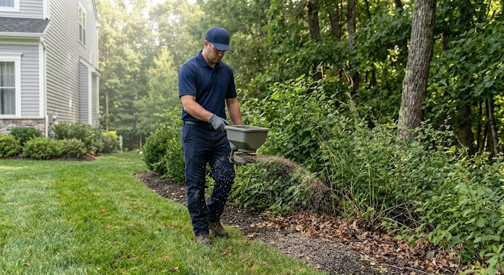Granular tick treatment worked into the leaf litter and tall grass along the wooded edge — where ticks actually wait.