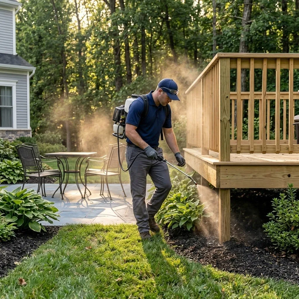 Fight the Bite technician treating around a deck and patio in a Middletown, NJ backyard