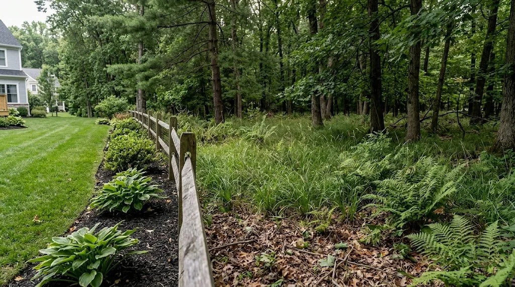 The lawn-to-woods edge of a wooded Middletown NJ property — the highest-risk zone for ticks