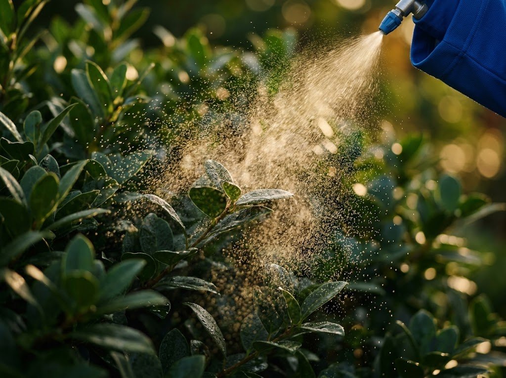 Mosquito barrier treatment being applied to shrub foliage at golden hour
