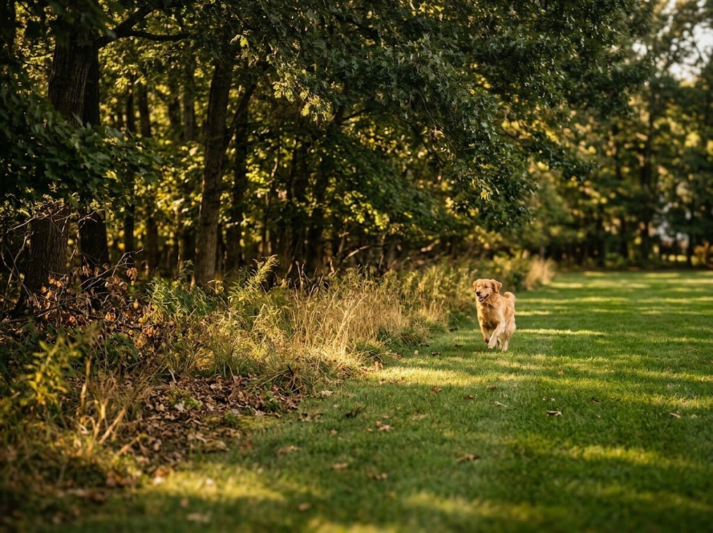 Healthy golden retriever running along treated lawn and wooded edge