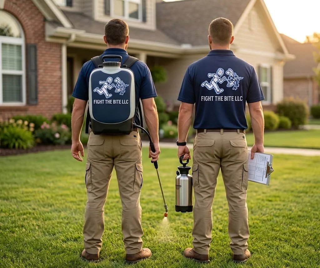 Fight the Bite LLC team in branded uniforms with backpack sprayer, facing a Monmouth County home