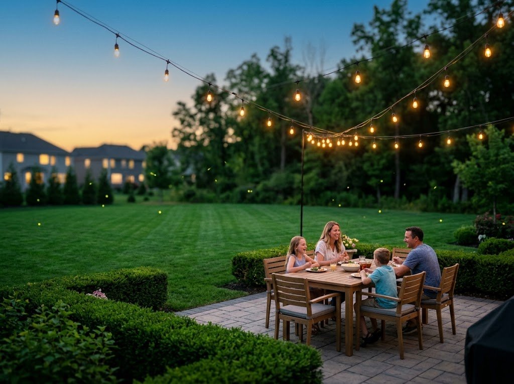 A Monmouth County family enjoying dinner on their patio at dusk, surrounded by fireflies and string lights — the payoff of a well-treated yard